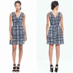 MADEWELL Midnight Brushstroke Plaid Blue White Sleeveless A-Line Dress